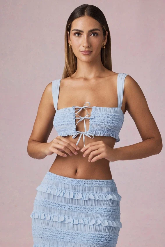 Ottilie Ruffle Tie-Front Crop Top in Powder Blue Ottilie Ruffle Tie-Front Crop Top in Powder Blue