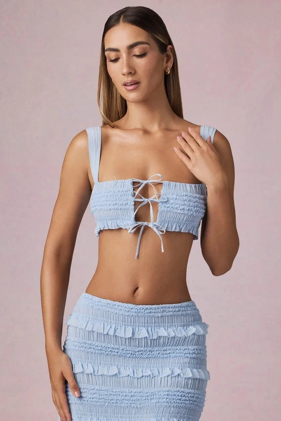 Ottilie Ruffle Tie-Front Crop Top in Powder Blue Ottilie Ruffle Tie-Front Crop Top in Powder Blue