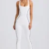Petite Soft Active Open-Back Jumpsuit in White Petite Soft Active Open-Back Jumpsuit in White