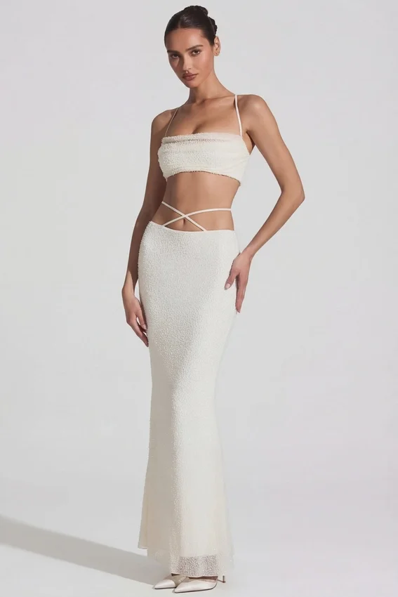 Pisa Embellished Cross Back Crop Top in White Pisa Embellished Cross Back Crop Top in White