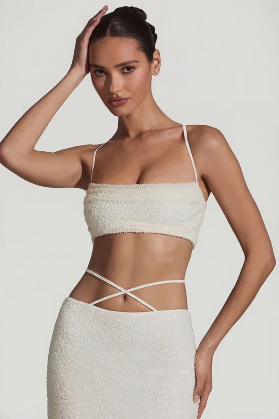 Pisa Embellished Cross Back Crop Top in White Pisa Embellished Cross Back Crop Top in White