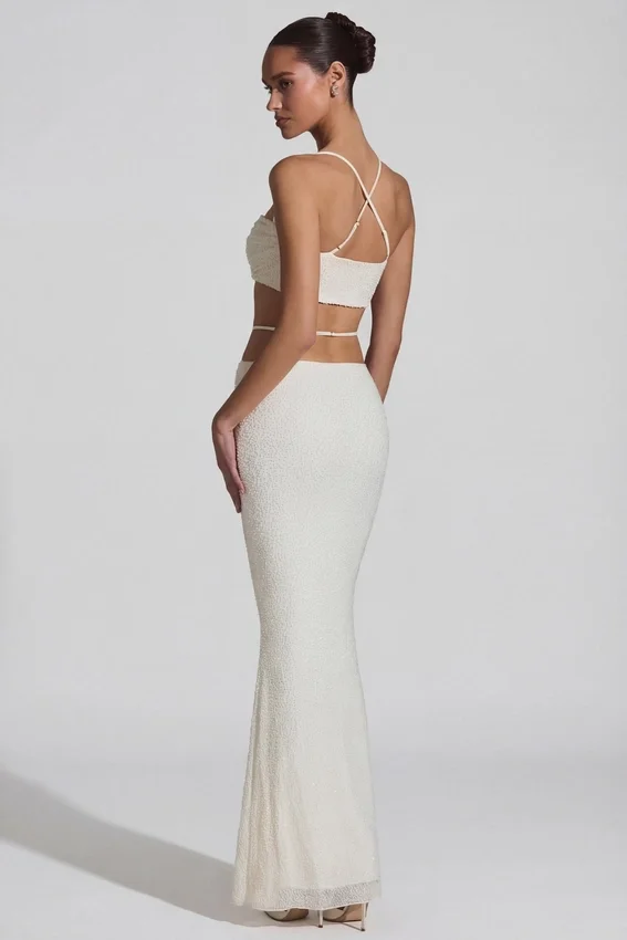 Pisa Embellished Cross Back Crop Top in White Pisa Embellished Cross Back Crop Top in White