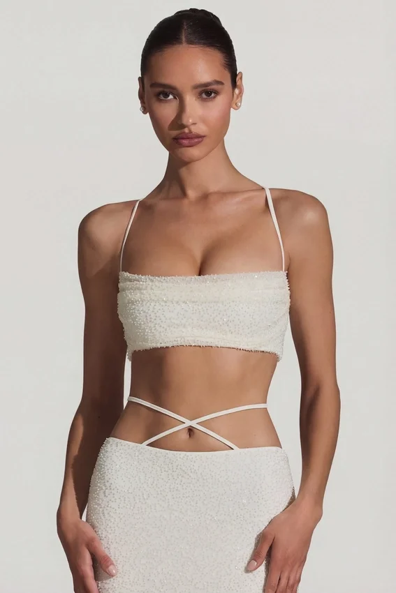 Pisa Embellished Cross Back Crop Top in White Pisa Embellished Cross Back Crop Top in White