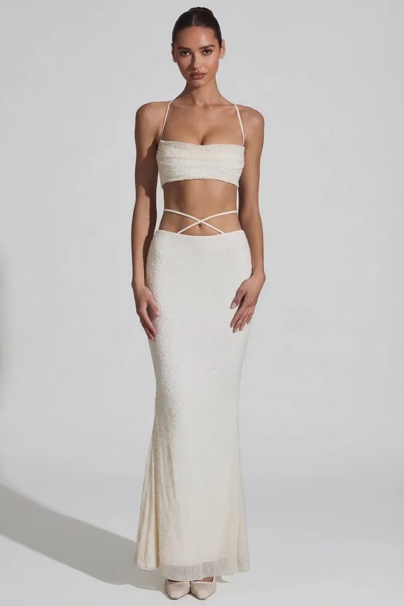 Pisa Embellished Cross Back Crop Top in White Pisa Embellished Cross Back Crop Top in White