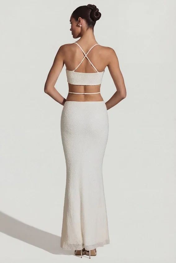 Pisa Embellished Cross Back Crop Top in White Pisa Embellished Cross Back Crop Top in White