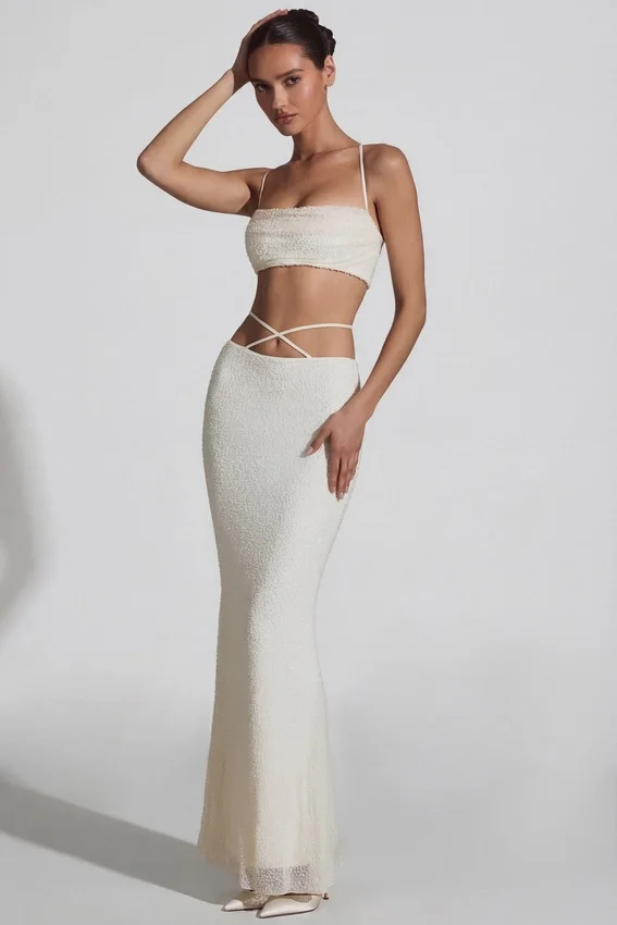 Pisa Embellished Cross Back Crop Top in White Pisa Embellished Cross Back Crop Top in White