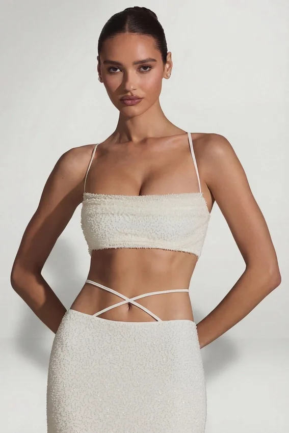 Pisa Embellished Cross Back Crop Top in White Pisa Embellished Cross Back Crop Top in White