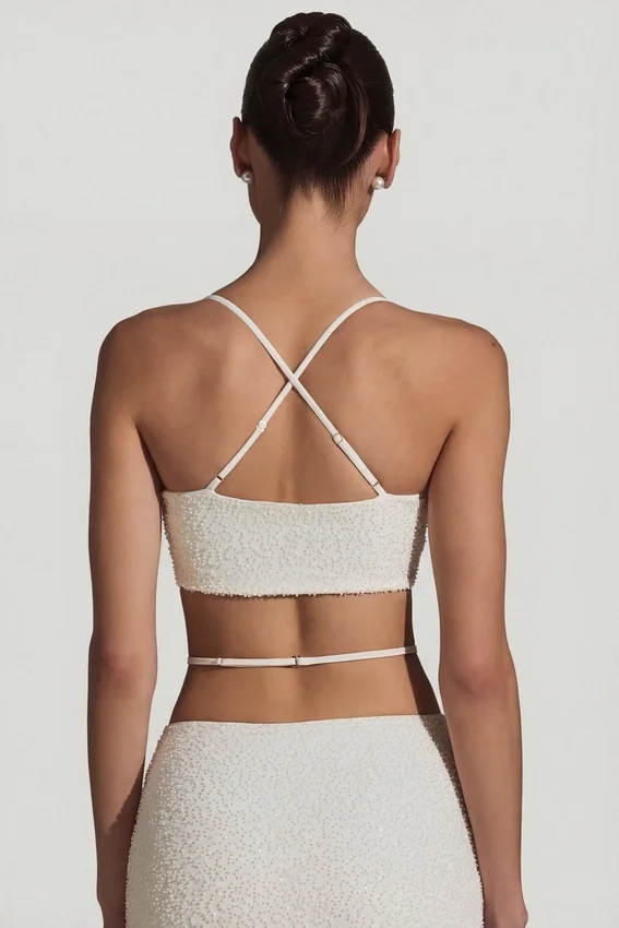 Pisa Embellished Cross Back Crop Top in White Pisa Embellished Cross Back Crop Top in White