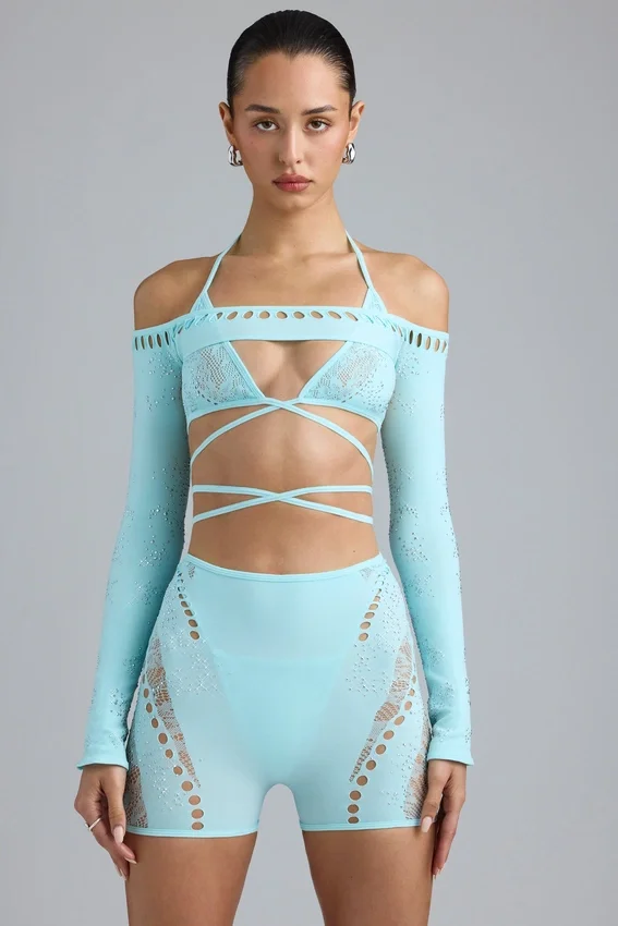 Pixie Embellished Cropped Shrug in Ice Blue Pixie Embellished Cropped Shrug in Ice Blue