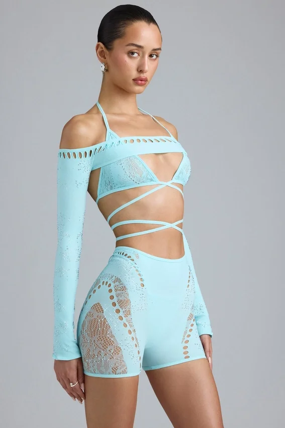 Pixie Embellished Cropped Shrug in Ice Blue Pixie Embellished Cropped Shrug in Ice Blue