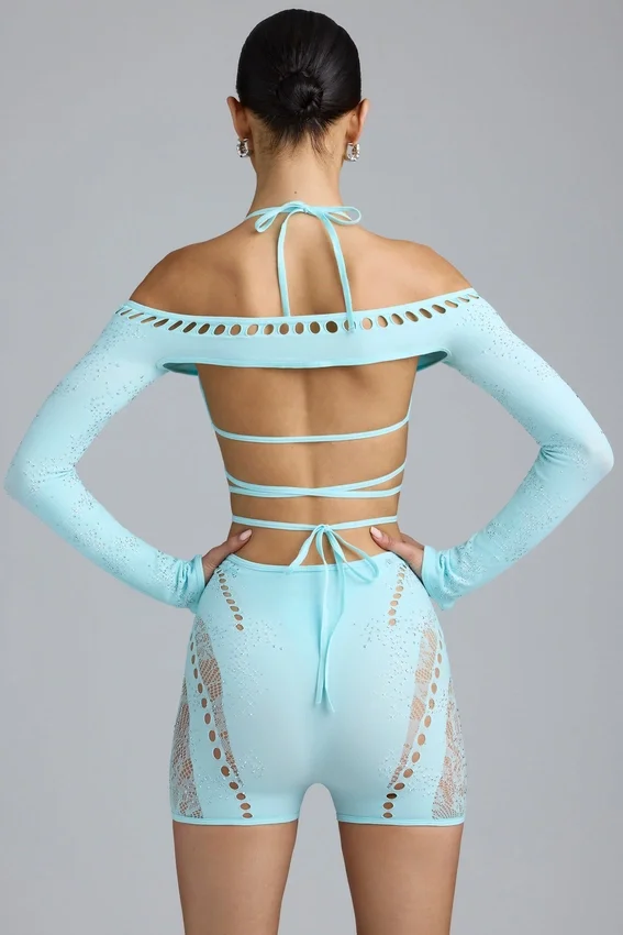 Pixie Embellished Cropped Shrug in Ice Blue Pixie Embellished Cropped Shrug in Ice Blue