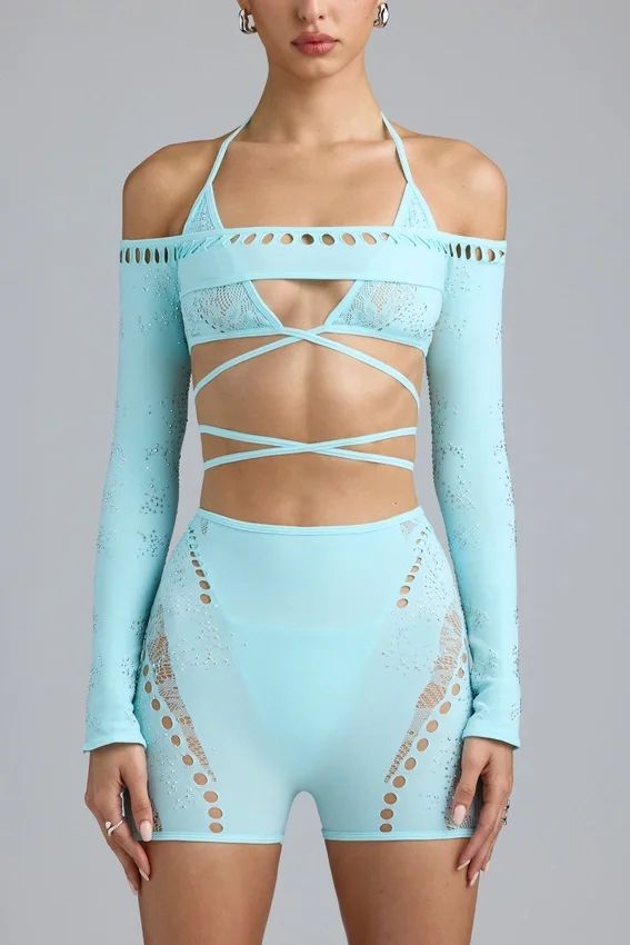 Pixie Embellished Cropped Shrug in Ice Blue Pixie Embellished Cropped Shrug in Ice Blue