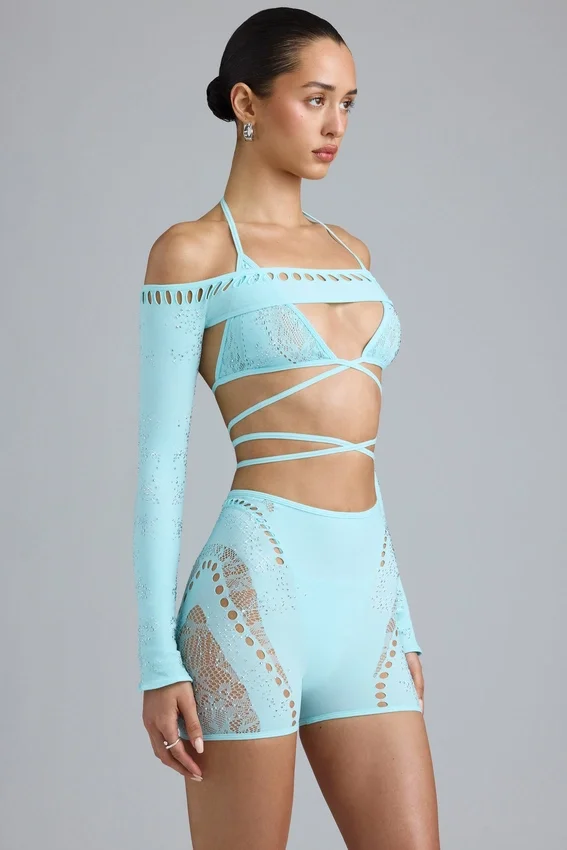 Pixie Embellished Cropped Shrug in Ice Blue Pixie Embellished Cropped Shrug in Ice Blue