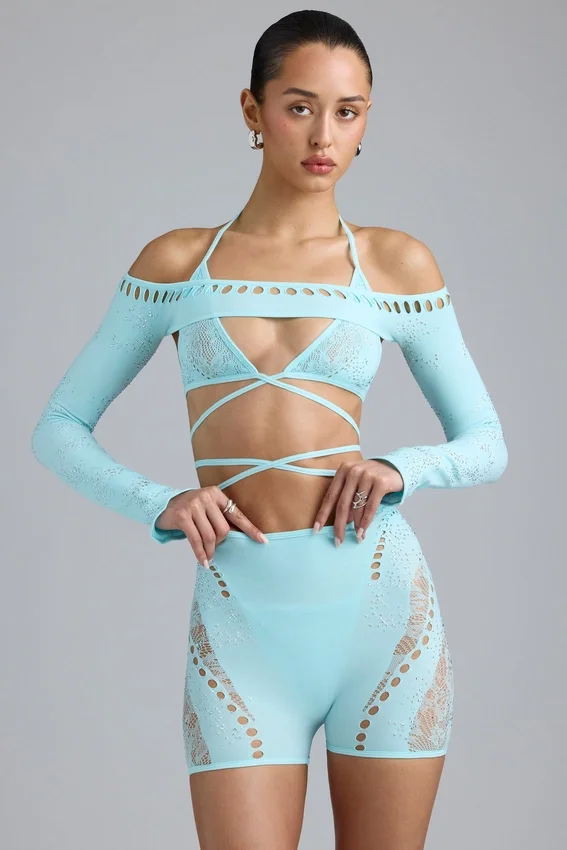 Pixie Embellished Cropped Shrug in Ice Blue Pixie Embellished Cropped Shrug in Ice Blue