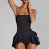 Priaska Ruffled Lace-Up Corset Playsuit in Black Priaska Ruffled Lace-Up Corset Playsuit in Black
