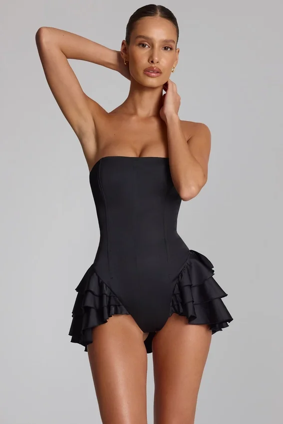 Priaska Ruffled Lace-Up Corset Playsuit in Black Priaska Ruffled Lace-Up Corset Playsuit in Black
