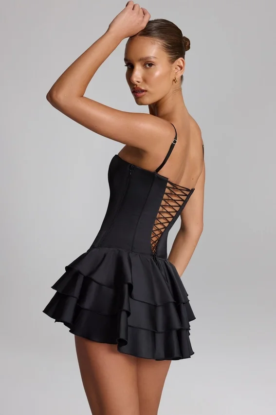 Priaska Ruffled Lace-Up Corset Playsuit in Black Priaska Ruffled Lace-Up Corset Playsuit in Black