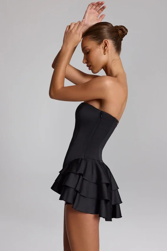 Priaska Ruffled Lace-Up Corset Playsuit in Black Priaska Ruffled Lace-Up Corset Playsuit in Black