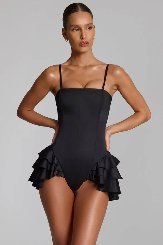 Priaska Ruffled Lace-Up Corset Playsuit in Black Priaska Ruffled Lace-Up Corset Playsuit in Black