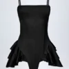 Priaska Ruffled Lace-Up Corset Playsuit in Black Priaska Ruffled Lace-Up Corset Playsuit in Black