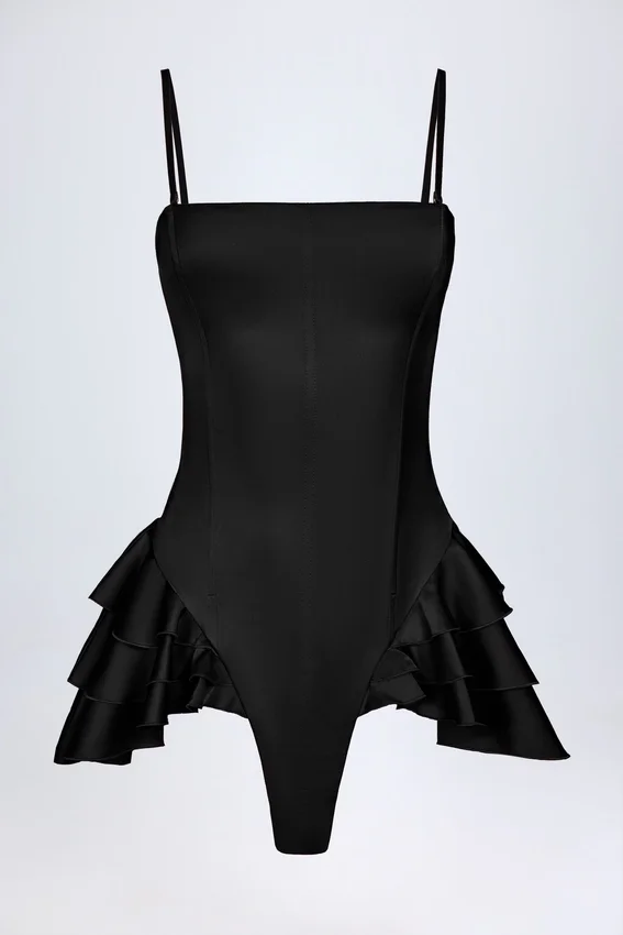Priaska Ruffled Lace-Up Corset Playsuit in Black Priaska Ruffled Lace-Up Corset Playsuit in Black