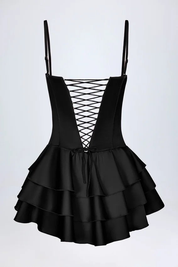 Priaska Ruffled Lace-Up Corset Playsuit in Black Priaska Ruffled Lace-Up Corset Playsuit in Black