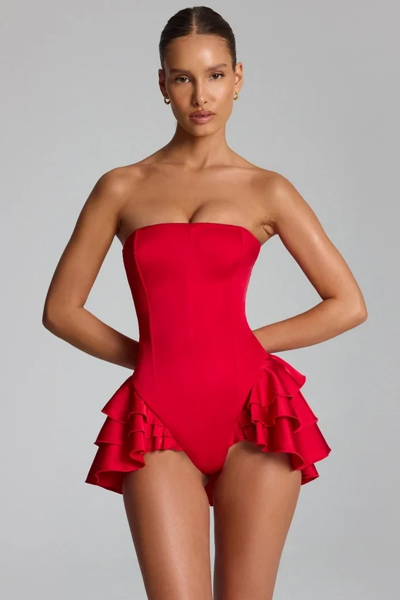 Priaska Ruffled Lace-Up Corset Playsuit in Fire Red Priaska Ruffled Lace-Up Corset Playsuit in Fire Red