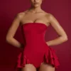 Priaska Ruffled Lace-Up Corset Playsuit in Fire Red Priaska Ruffled Lace-Up Corset Playsuit in Fire Red
