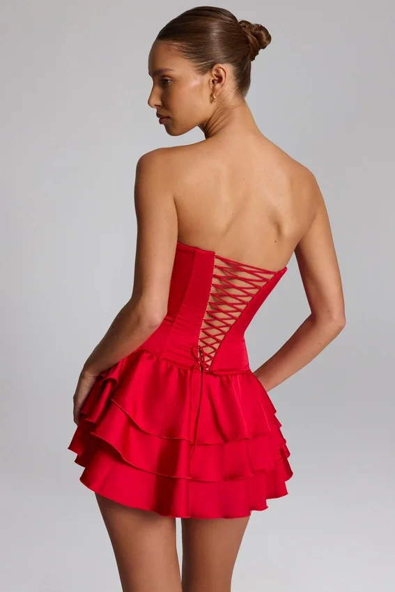 Priaska Ruffled Lace-Up Corset Playsuit in Fire Red Priaska Ruffled Lace-Up Corset Playsuit in Fire Red