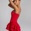 Priaska Ruffled Lace-Up Corset Playsuit in Fire Red Priaska Ruffled Lace-Up Corset Playsuit in Fire Red