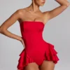 Priaska Ruffled Lace-Up Corset Playsuit in Fire Red Priaska Ruffled Lace-Up Corset Playsuit in Fire Red