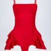 Priaska Ruffled Lace-Up Corset Playsuit in Fire Red Priaska Ruffled Lace-Up Corset Playsuit in Fire Red