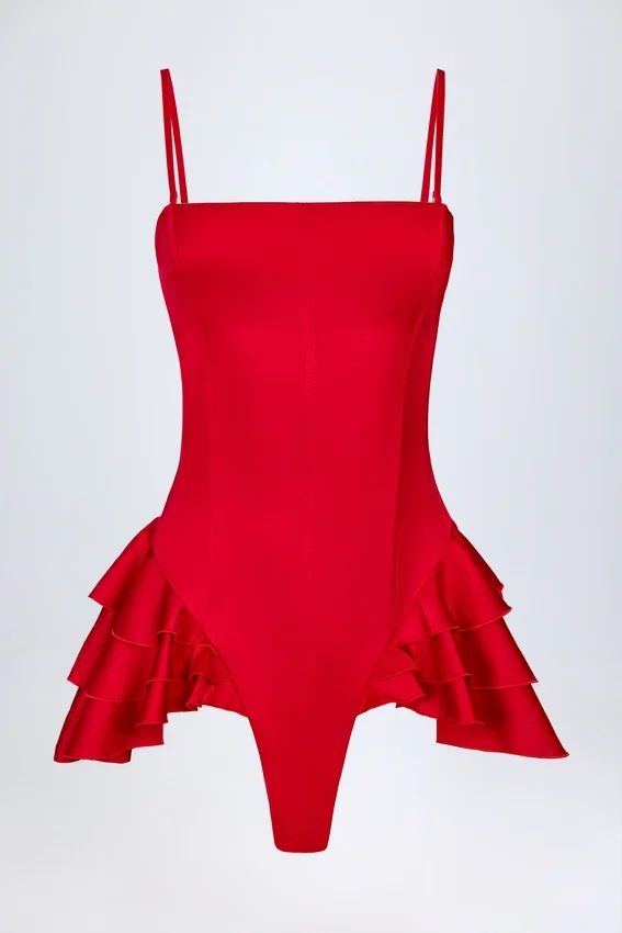 Priaska Ruffled Lace-Up Corset Playsuit in Fire Red Priaska Ruffled Lace-Up Corset Playsuit in Fire Red