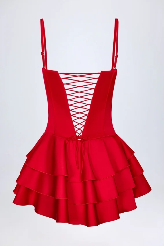 Priaska Ruffled Lace-Up Corset Playsuit in Fire Red Priaska Ruffled Lace-Up Corset Playsuit in Fire Red