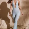Ramona Petite Embellished Plunge Neck Jumpsuit in Aqua Ramona Petite Embellished Plunge Neck Jumpsuit in Aqua
