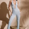 Ramona Petite Embellished Plunge Neck Jumpsuit in Aqua Ramona Petite Embellished Plunge Neck Jumpsuit in Aqua