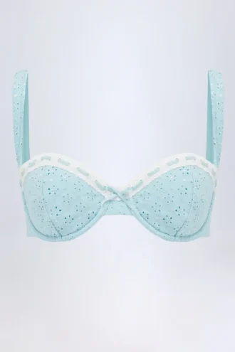 Ravello Broderie Anglaise Underwired Balconette Bikini Top in Powder Blue Ravello Broderie Anglaise Underwired Balconette Bikini Top in Powder Blue