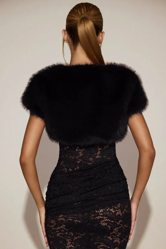 Revia Faux-Fur Short Sleeve Bolero in Black Revia Faux-Fur Short Sleeve Bolero in Black