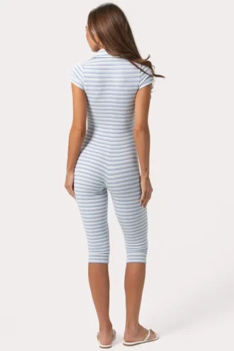 Ribbed Jersey Capri Jumpsuit in Blue Stripe Ribbed Jersey Capri Jumpsuit in Blue Stripe