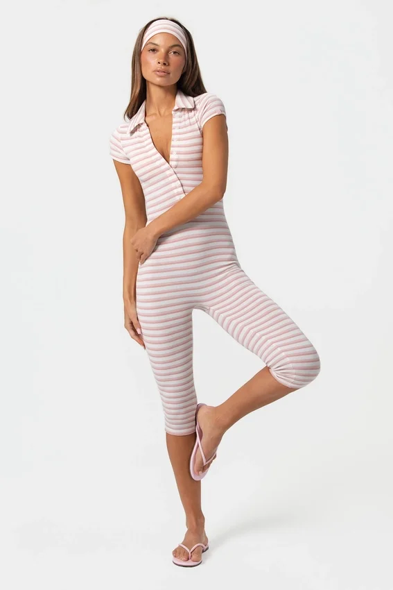 Ribbed Jersey Capri Jumpsuit in Pink Stripe Ribbed Jersey Capri Jumpsuit in Pink Stripe