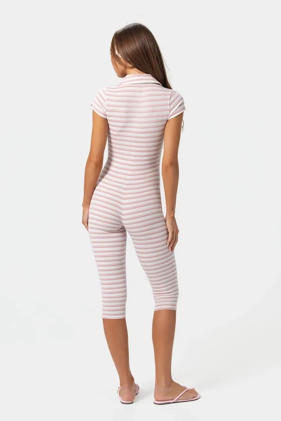 Ribbed Jersey Capri Jumpsuit in Pink Stripe Ribbed Jersey Capri Jumpsuit in Pink Stripe