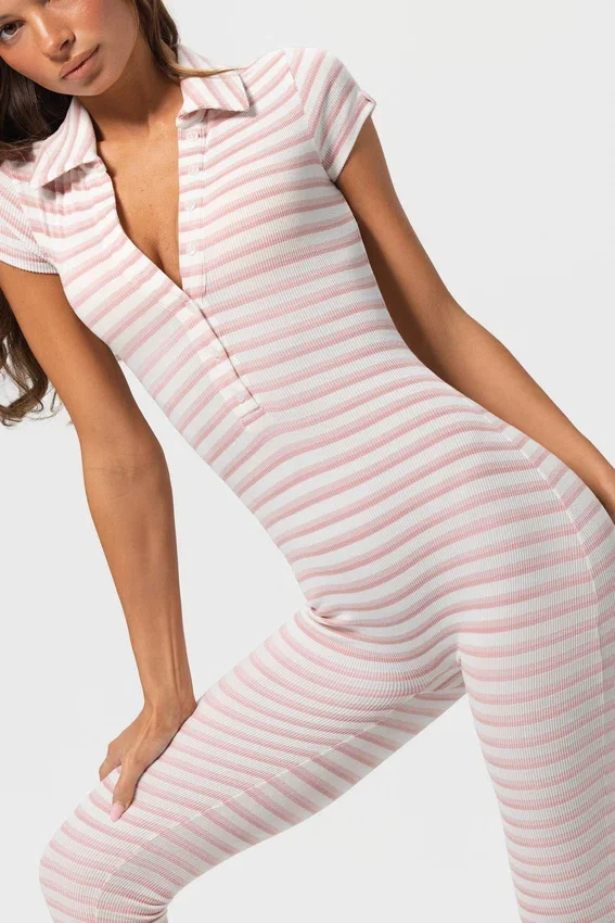 Ribbed Jersey Capri Jumpsuit in Pink Stripe Ribbed Jersey Capri Jumpsuit in Pink Stripe
