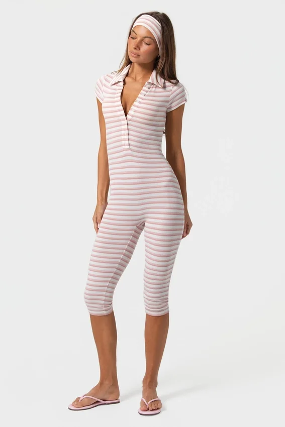 Ribbed Jersey Capri Jumpsuit in Pink Stripe Ribbed Jersey Capri Jumpsuit in Pink Stripe