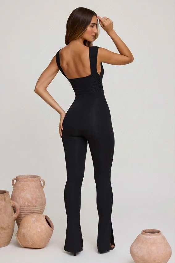 Romana Plunge Neck Ruched Waist Jumpsuit in Black Romana Plunge Neck Ruched Waist Jumpsuit in Black