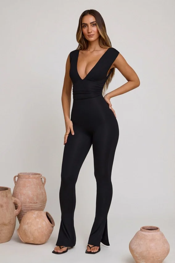 Romana Plunge Neck Ruched Waist Jumpsuit in Black Romana Plunge Neck Ruched Waist Jumpsuit in Black