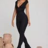 Romana Plunge Neck Ruched Waist Jumpsuit in Black Romana Plunge Neck Ruched Waist Jumpsuit in Black