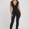 Romana Plunge Neck Ruched Waist Jumpsuit in Black Romana Plunge Neck Ruched Waist Jumpsuit in Black