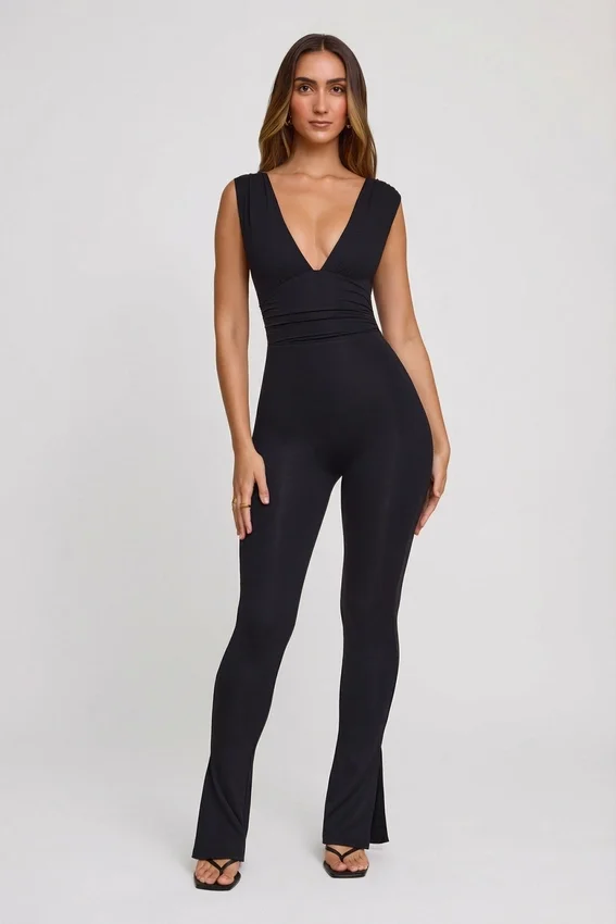 Romana Plunge Neck Ruched Waist Jumpsuit in Black Romana Plunge Neck Ruched Waist Jumpsuit in Black