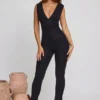 Romana Plunge Neck Ruched Waist Jumpsuit in Black Romana Plunge Neck Ruched Waist Jumpsuit in Black