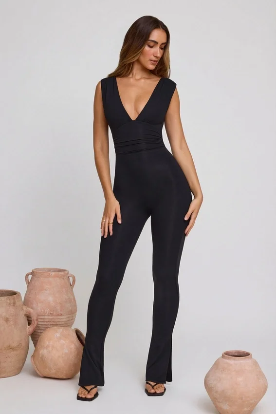 Romana Plunge Neck Ruched Waist Jumpsuit in Black Romana Plunge Neck Ruched Waist Jumpsuit in Black